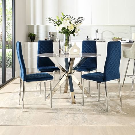 Plaza Round Grey Marble and Chrome Dining Table with 4 Renzo Blue Velvet Dining Chairs