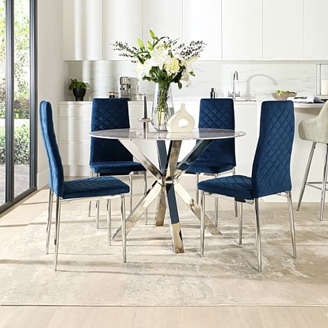 Plaza Round Dining Table & 4 Renzo Chairs, Grey Marble Effect & Chrome, Blue Classic Velvet, 110cm