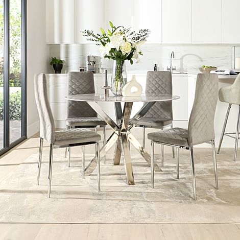 Plaza Round Grey Marble and Chrome Dining Table with 4 Renzo Grey Velvet Dining Chairs