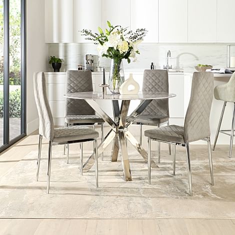 Plaza Round Dining Table & 4 Renzo Chairs, Grey Marble Effect & Chrome, Grey Classic Velvet, 110cm