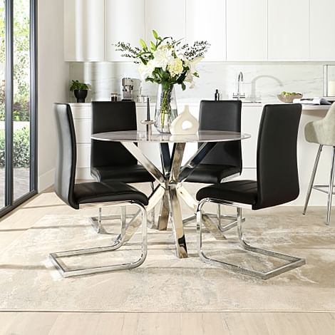 Plaza Round Grey Marble and Chrome Dining Table with 4 Perth Black Leather Dining Chairs