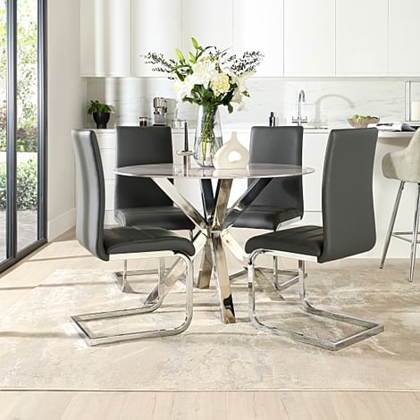 Plaza Round Grey Marble and Chrome Dining Table with 4 Perth Grey Leather Dining Chairs