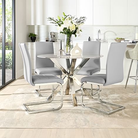 Plaza Round Grey Marble and Chrome Dining Table with 4 Perth Light Grey Leather Dining Chairs