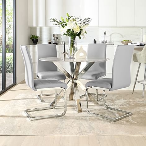 Plaza Round Dining Table & 4 Perth Chairs, Grey Marble Effect & Chrome, Light Grey Classic Faux Leather, 110cm