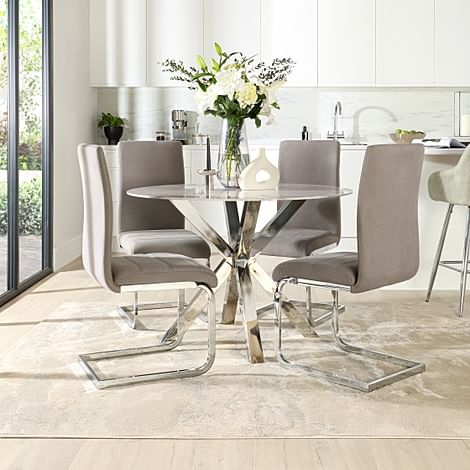 Plaza Round Dining Table & 4 Perth Chairs, Grey Marble Effect & Chrome, Grey Classic Velvet, 110cm