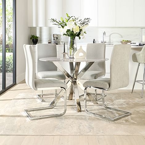 Plaza Round Grey Marble and Chrome Dining Table with 4 Perth Dove Grey Fabric Dining Chairs
