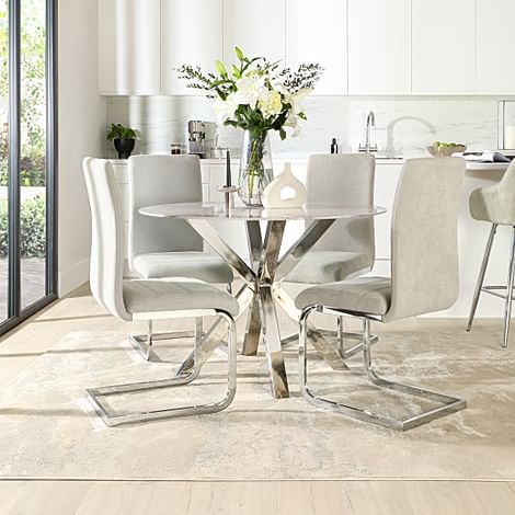 Plaza Round Dining Table & 4 Perth Chairs, Grey Marble Effect & Chrome, Dove Grey Classic Plush Fabric, 110cm
