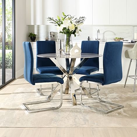 Plaza Round Grey Marble and Chrome Dining Table with 4 Perth Blue Velvet Dining Chairs