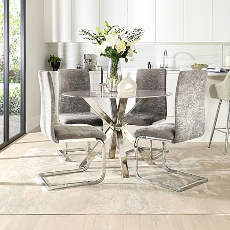 Plaza Round Grey Marble and Chrome Dining Table with 4 Perth Silver Crushed Velvet Dining Chairs