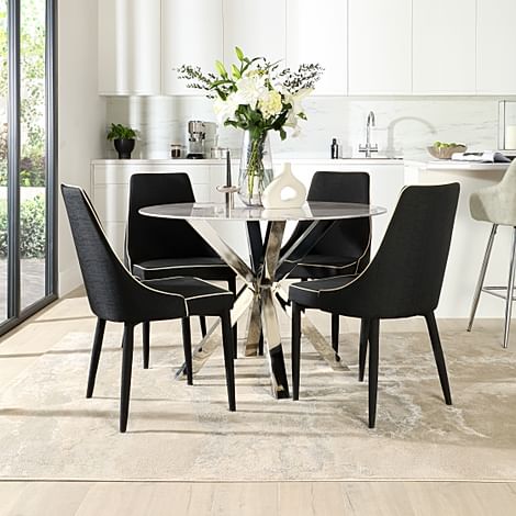 Plaza Round Dining Table & 4 Modena Chairs, Grey Marble Effect & Chrome, Black Classic Linen-Weave Fabric, 110cm