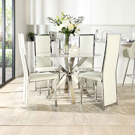 Plaza Round Dining Table & 4 Celeste Chairs, Grey Marble Effect & Chrome, White Classic Faux Leather, 110cm