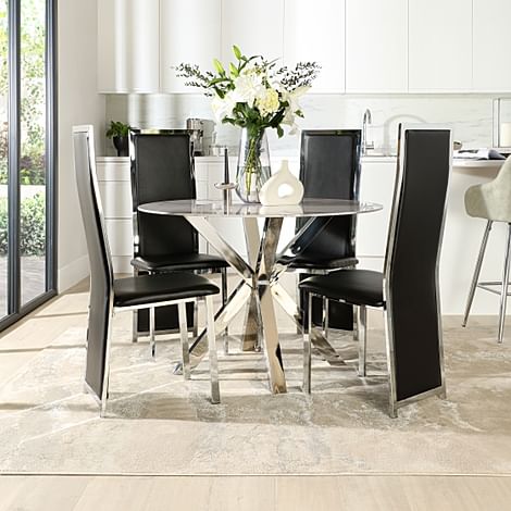 Plaza Round Grey Marble and Chrome Dining Table with 4 Celeste Black Leather Dining Chairs