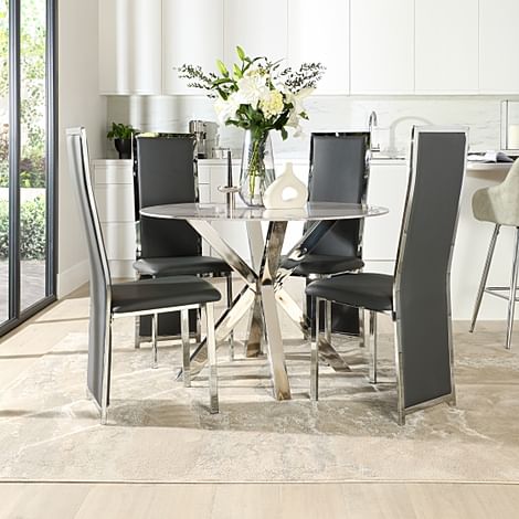 Plaza Round Grey Marble and Chrome Dining Table with 4 Celeste Grey Leather Dining Chairs