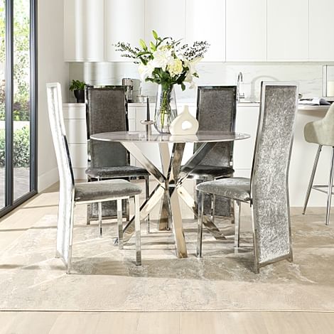 Plaza Round Dining Table & 4 Celeste Chairs, Grey Marble Effect & Chrome, Silver Crushed Velvet, 110cm
