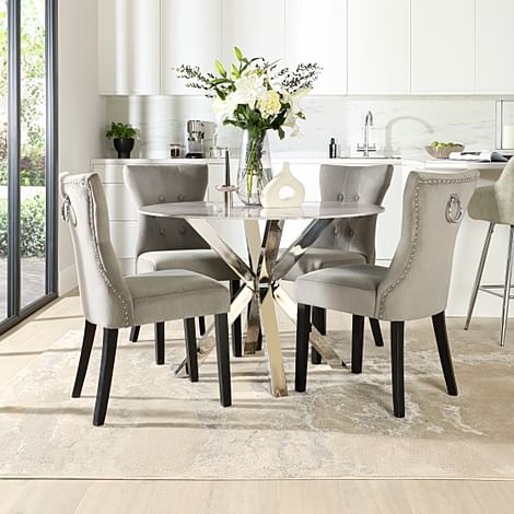 Plaza Round Dining Table & 4 Kensington Chairs, Grey Marble Effect & Chrome, Grey Classic Velvet & Black Solid Hardwood, 110cm