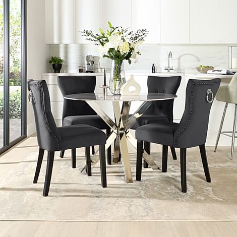 Plaza Round Dining Table & 4 Kensington Chairs, Grey Marble Effect & Chrome, Black Classic Velvet & Black Solid Hardwood, 110cm