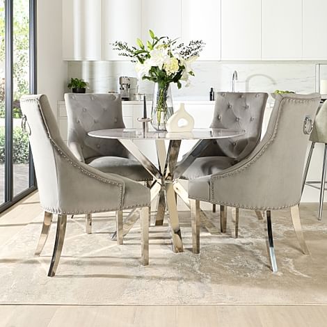 Plaza Round Dining Table & 4 Imperial Chairs, Grey Marble Effect & Chrome, Grey Classic Velvet, 110cm