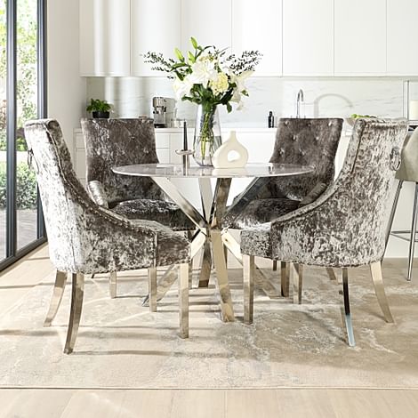 Plaza Round Dining Table & 4 Imperial Chairs, Grey Marble Effect & Chrome, Silver Crushed Velvet, 110cm