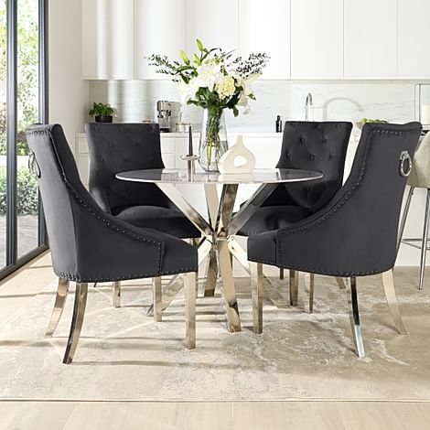 Plaza Round Dining Table & 4 Imperial Chairs, Grey Marble Effect & Chrome, Black Classic Velvet, 110cm
