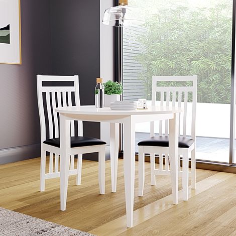 Finley Round White Dining Table with 2 Java Chairs (Black Leather Seat Pads)
