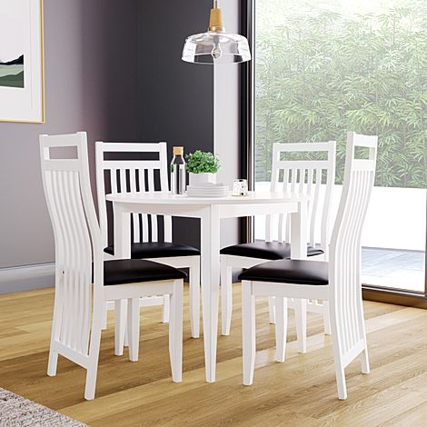 Finley Round White Dining Table with 4 Java Chairs (Black Leather Seat Pads)