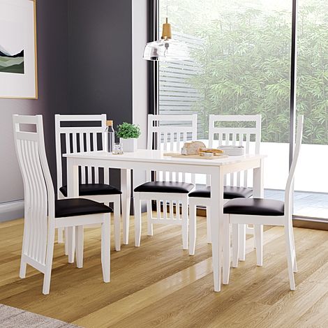 Finley White Dining Table with 4 Java Chairs (Black Leather Seat Pads)