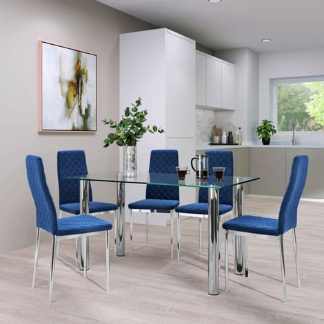 Lunar Chrome and Glass Dining Table with 6 Renzo Blue Velvet Chairs
