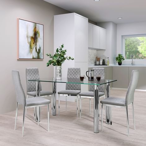 Lunar Chrome and Glass Dining Table with 4 Renzo Grey Velvet Chairs