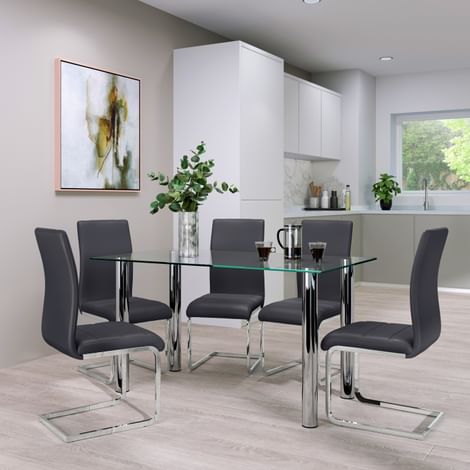 Lunar Dining Table & 4 Perth Chairs, Glass & Chrome, Grey Classic Faux Leather, 140cm