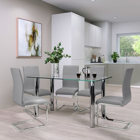 Lunar Chrome and Glass Dining Table with 6 Perth Light Grey Leather Chairs