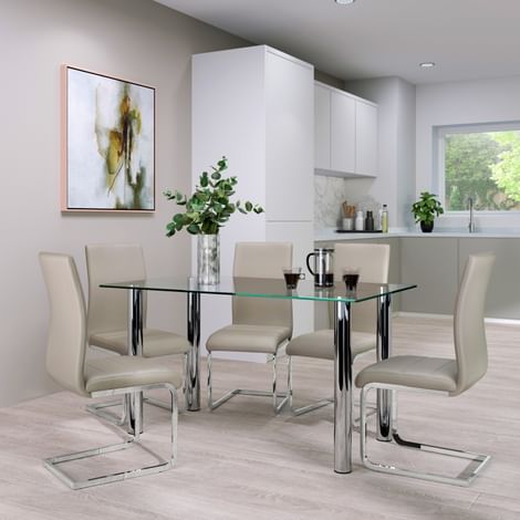Lunar Dining Table & 4 Perth Chairs, Glass & Chrome, Stone Grey Classic Faux Leather, 140cm