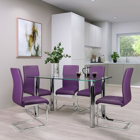 Lunar Dining Table & 4 Perth Chairs, Glass & Chrome, Purple Classic Faux Leather, 140cm