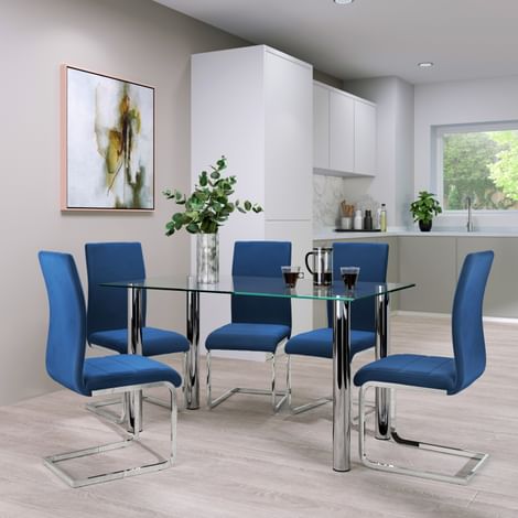 Lunar Dining Table & 4 Perth Chairs, Glass & Chrome, Blue Classic Velvet, 140cm
