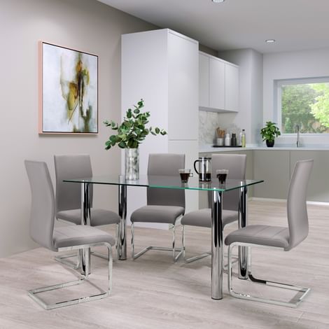 Lunar Chrome and Glass Dining Table with 4 Perth Grey Velvet Chairs