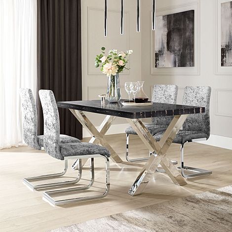 Carrera 150cm Black Marble and Chrome Dining Table with 4 Perth Silver Crushed Velvet Chairs