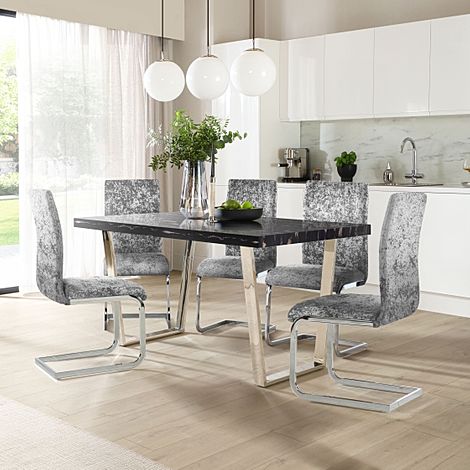 Milento 150cm Black Marble and Chrome Dining Table with 4 Perth Silver Crushed Velvet Chairs