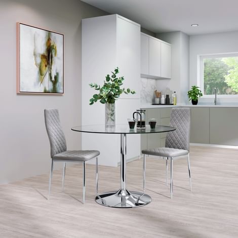 Orbit Round Dining Table & 2 Renzo Chairs, Glass & Chrome, Grey Classic Velvet, 110cm