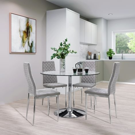 Orbit Round Chrome and Glass Dining Table with 4 Renzo Grey Velvet Chairs