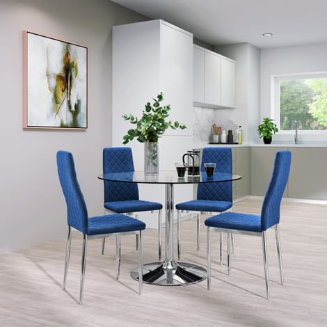 Orbit Round Chrome and Glass Dining Table with 4 Renzo Blue Velvet Chairs