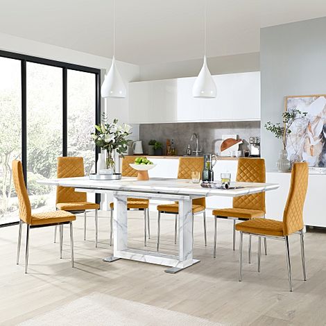 Tokyo White Marble Extending Dining Table with 4 Renzo Mustard Velvet Chairs