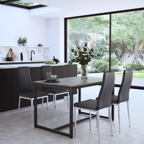 Avenue Industrial Dining Table & 4 Leon Chairs, Grey Concrete Effect & Black Steel, Grey Classic Faux Leather & Chrome, 120cm