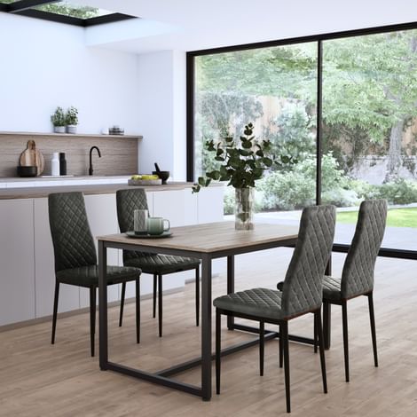 Avenue Dining Table & 4 Renzo Chairs, Natural Oak Effect & Black Steel, Vintage Grey Classic Faux Leather, 120cm