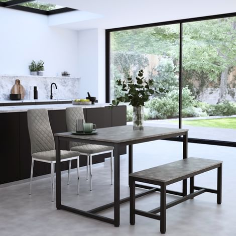 Avenue Industrial Metal Concrete Dining Table and Bench with 2 Renzo Grey Velvet Chairs
