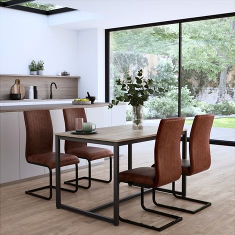 Avenue Dining Table & 4 Perth Chairs, Natural Oak Effect & Black Steel, Tan Classic Faux Leather, 120cm