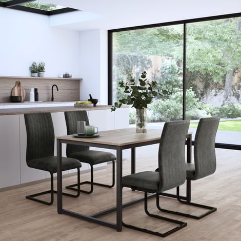 Avenue Dining Table & 4 Perth Chairs, Natural Oak Effect & Black Steel, Vintage Grey Classic Faux Leather, 120cm