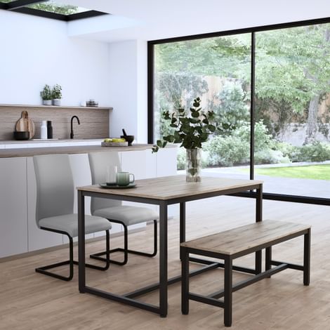 Avenue Dining Table, Bench & 2 Perth Chairs, Natural Oak Effect & Black Steel, Light Grey Classic Faux Leather, 120cm