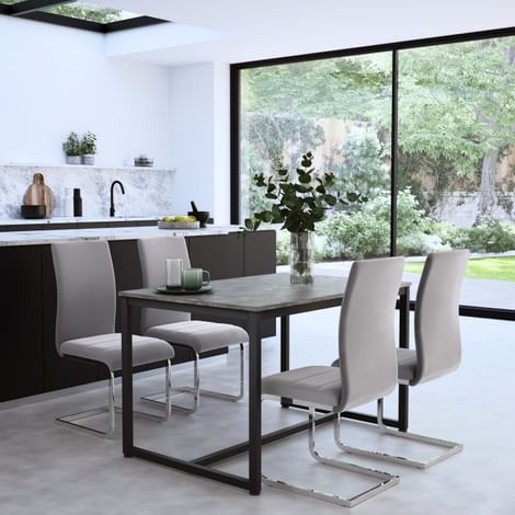 Avenue Industrial Dining Table & 4 Perth Chairs, Grey Concrete Effect & Black Steel, Grey Classic Velvet & Chrome, 120cm