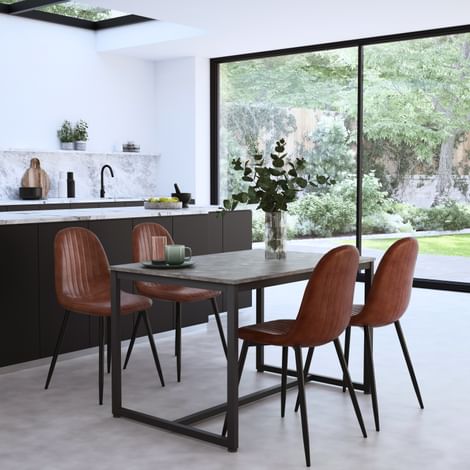 Avenue Industrial Dining Table & 4 Brooklyn Chairs, Grey Concrete Effect & Black Steel, Tan Classic Faux Leather, 120cm