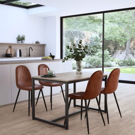 Avenue Dining Table & 4 Brooklyn Chairs, Natural Oak Effect & Black Steel, Tan Classic Faux Leather, 120cm