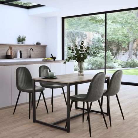 Avenue Dining Table & 4 Brooklyn Chairs, Natural Oak Effect & Black Steel, Vintage Grey Classic Faux Leather, 120cm